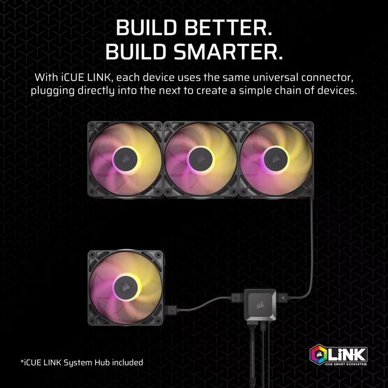 CORSAIR iCUE LINK RX140 MAX RGB Black 140mm PWM Thick Fans Starter Kit Fans - 2x 140mm PWM Fan, iCUE LINK System Hub included 7 CORSAIR iCUE LINK RX140 MAX RGB Black 140mm PWM Thick Fans Starter Kit Fans - 2x 140mm PWM Fan, iCUE LINK System Hub included - Ảnh 7