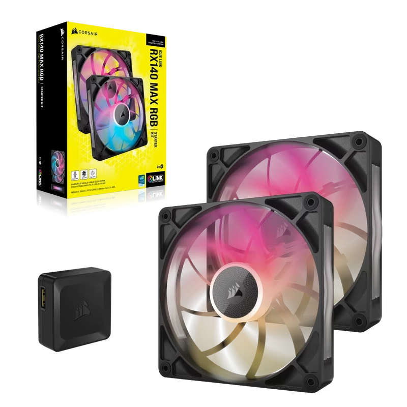 CORSAIR iCUE LINK RX140 MAX RGB Black 140mm PWM Thick Fans Starter Kit Fans - 2x 140mm PWM Fan, iCUE LINK System Hub included 2 CORSAIR iCUE LINK RX140 MAX RGB Black 140mm PWM Thick Fans Starter Kit Fans - 2x 140mm PWM Fan, iCUE LINK System Hub included - Ảnh 2