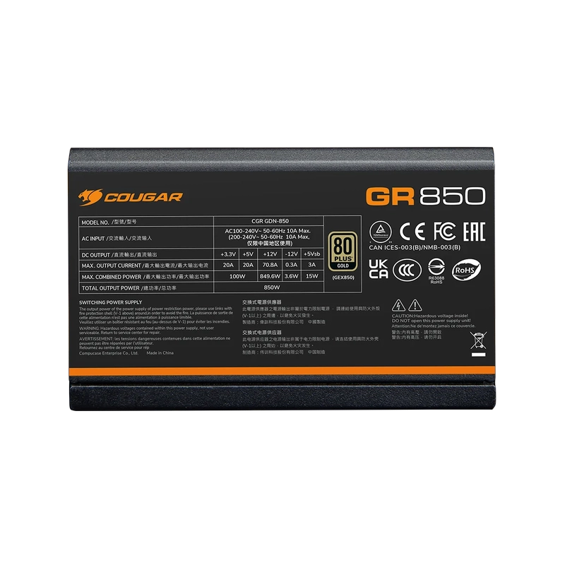 Cougar GR 850 850W 80 Plus Gold, Full-Modular, PCIe 5.1, ATX3.1, PCIe 12V-2X6 PSU 10 Cougar GR 850 850W 80 Plus Gold, Full-Modular, PCIe 5.1, ATX3.1, PCIe 12V-2X6 PSU - Ảnh 10