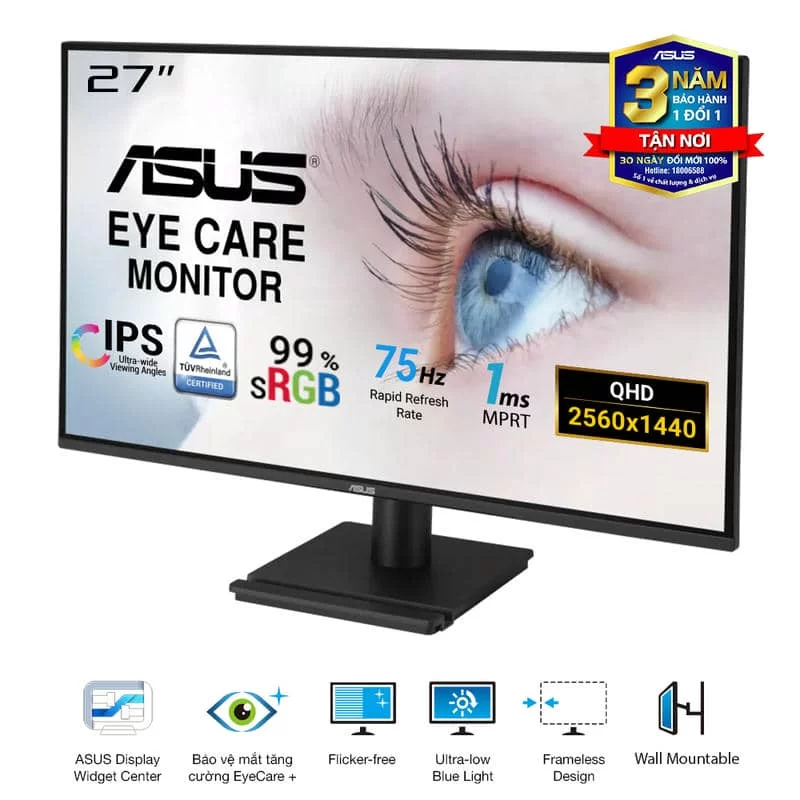 ASUS VA27AQ Eye Care Monitor - 27 inch, IPS QHD (2560 x 1440) Frameless, 75Hz, D-Sub (VGA) + DisplayPort + HDMI 3 ASUS VA27AQ Eye Care Monitor - 27 inch, IPS QHD (2560 x 1440) Frameless, 75Hz, D-Sub (VGA) + DisplayPort + HDMI - Ảnh 3