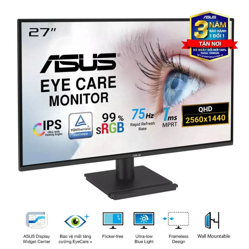 ASUS VA27AQ Eye Care Monitor - 27 inch, IPS QHD (2560 x 1440) Frameless, 75Hz, D-Sub (VGA) + DisplayPort + HDMI 4 ASUS VA27AQ Eye Care Monitor - 27 inch, IPS QHD (2560 x 1440) Frameless, 75Hz, D-Sub (VGA) + DisplayPort + HDMI - Ảnh 4