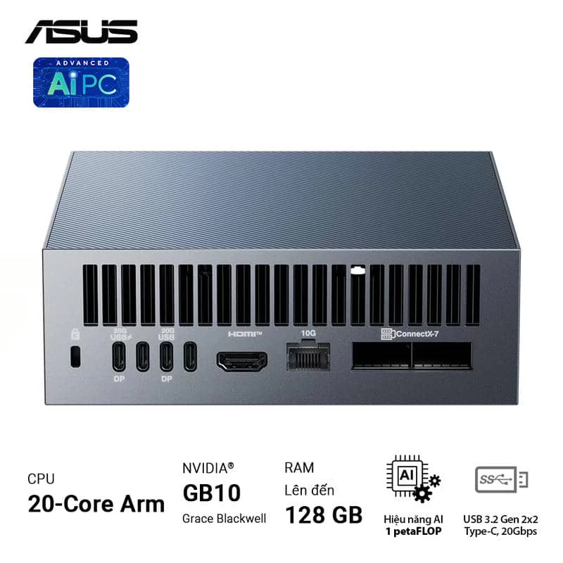 ASUS Ascent GX10 GX10-GG0012BN Desktop AI supercomputer - 1TB NVMe PCIe 4.0 SSD, ARM v9.2-A, GB10 Grace Blackwell GPU, 1 petaFLOP, 128 GB LPDDR5x, Wi-Fi 7 (Gig+), BT5.0 5 ASUS Ascent GX10 GX10-GG0012BN Desktop AI supercomputer - 1TB NVMe PCIe 4.0 SSD, ARM v9.2-A, GB10 Grace Blackwell GPU, 1 petaFLOP, 128 GB LPDDR5x, Wi-Fi 7 (Gig+), BT5.0 - Ảnh 5