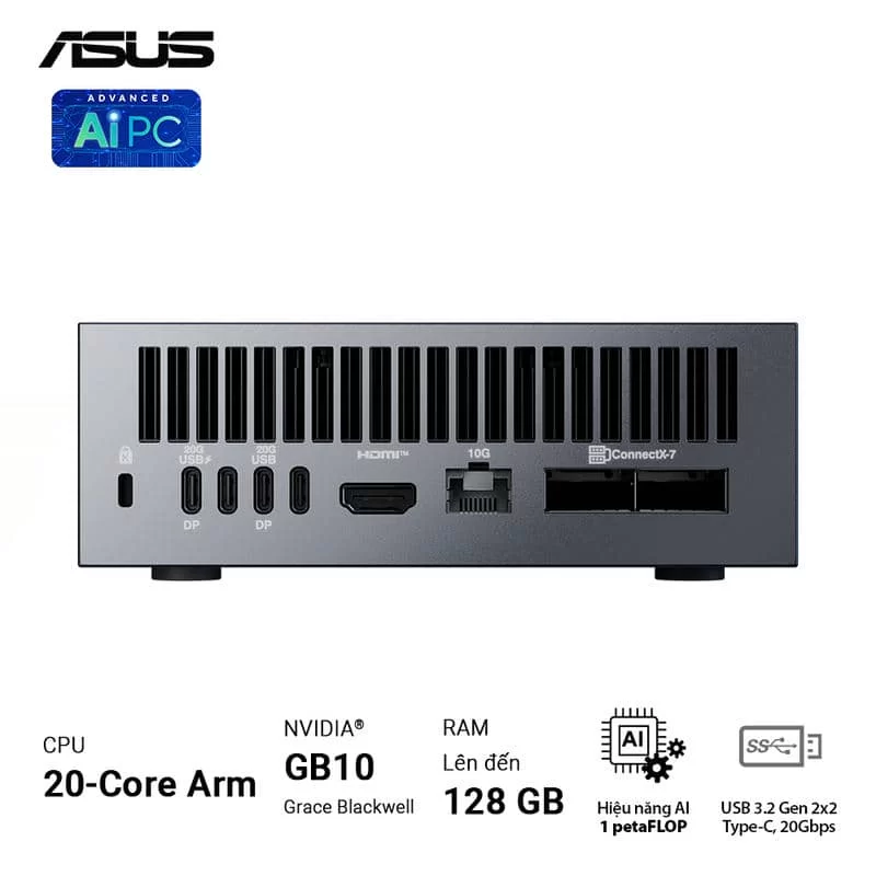 ASUS Ascent GX10 GX10-GG0012BN Desktop AI supercomputer - 1TB NVMe PCIe 4.0 SSD, ARM v9.2-A, GB10 Grace Blackwell GPU, 1 petaFLOP, 128 GB LPDDR5x, Wi-Fi 7 (Gig+), BT5.0 6 ASUS Ascent GX10 GX10-GG0012BN Desktop AI supercomputer - 1TB NVMe PCIe 4.0 SSD, ARM v9.2-A, GB10 Grace Blackwell GPU, 1 petaFLOP, 128 GB LPDDR5x, Wi-Fi 7 (Gig+), BT5.0 - Ảnh 6