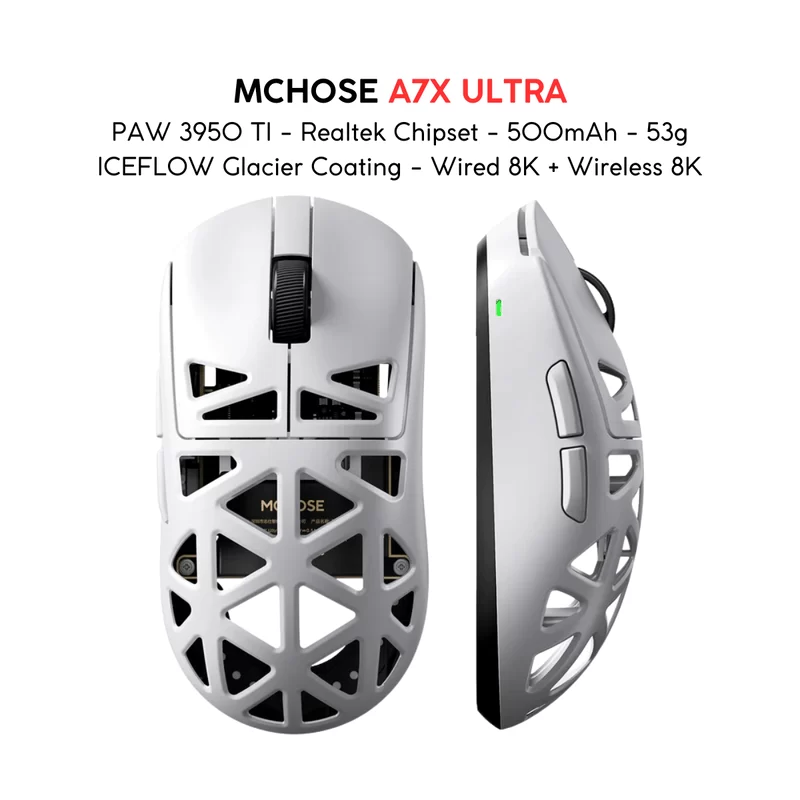 MCHOSE A7X Ultra Magnesium Alloy Wireless Gaming Mouse - 53g ICEFLOW Glacier Coating, PAW3950TI Sensor, Wired 8K + NANO Wireless 8K, 42000 DPI, 750 IPS 3 MCHOSE A7X Ultra Magnesium Alloy Wireless Gaming Mouse - 53g ICEFLOW Glacier Coating, PAW3950TI Sensor, Wired 8K + NANO Wireless 8K, 42000 DPI, 750 IPS - Ảnh 3
