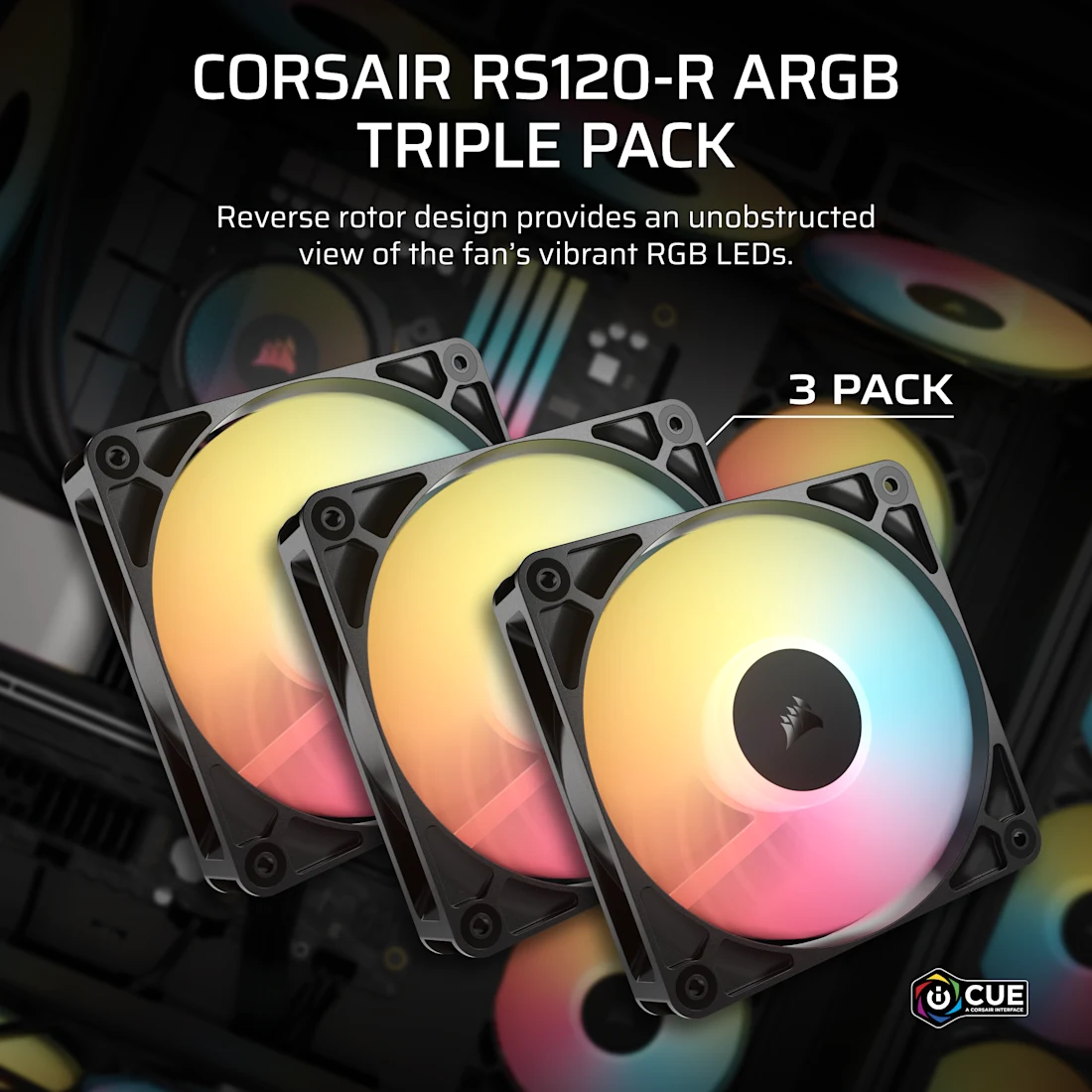 Corsair RS120-R Reverse Triple Pack Black (CO-9050196-WW) Fans - 3x120mm 2100RPM Static Pressure RGB Fan, Daisy Chain 4 Pin PWM, +5V ARGB Connections 2 Corsair RS120-R Reverse Triple Pack Black (CO-9050196-WW) Fans - 3x120mm 2100RPM Static Pressure RGB Fan, Daisy Chain 4 Pin PWM, +5V ARGB Connections - Ảnh 2