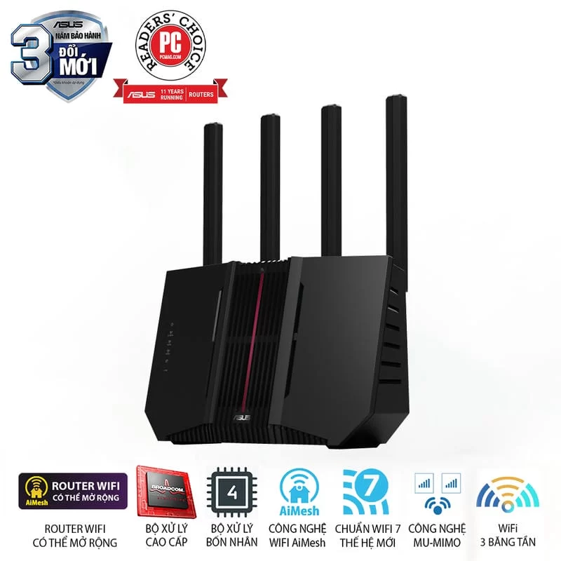 ASUS RT-BE92U AiMesh Extendable Router - BE9700 Tri-band AiMesh, 4x External antenna 3 ASUS RT-BE92U AiMesh Extendable Router - BE9700 Tri-band AiMesh, 4x External antenna - Ảnh 3