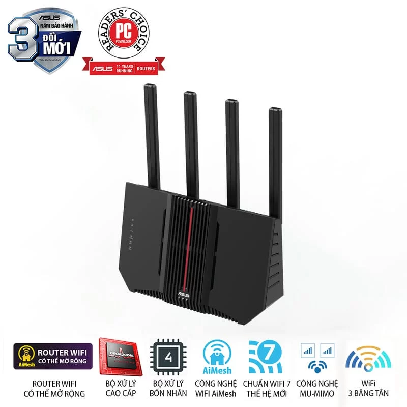 ASUS RT-BE92U AiMesh Extendable Router - BE9700 Tri-band AiMesh, 4x External antenna 4 ASUS RT-BE92U AiMesh Extendable Router - BE9700 Tri-band AiMesh, 4x External antenna - Ảnh 4