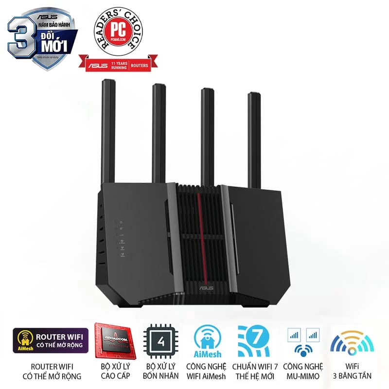 ASUS RT-BE92U AiMesh Extendable Router - BE9700 Tri-band AiMesh, 4x External antenna 5 ASUS RT-BE92U AiMesh Extendable Router - BE9700 Tri-band AiMesh, 4x External antenna - Ảnh 5