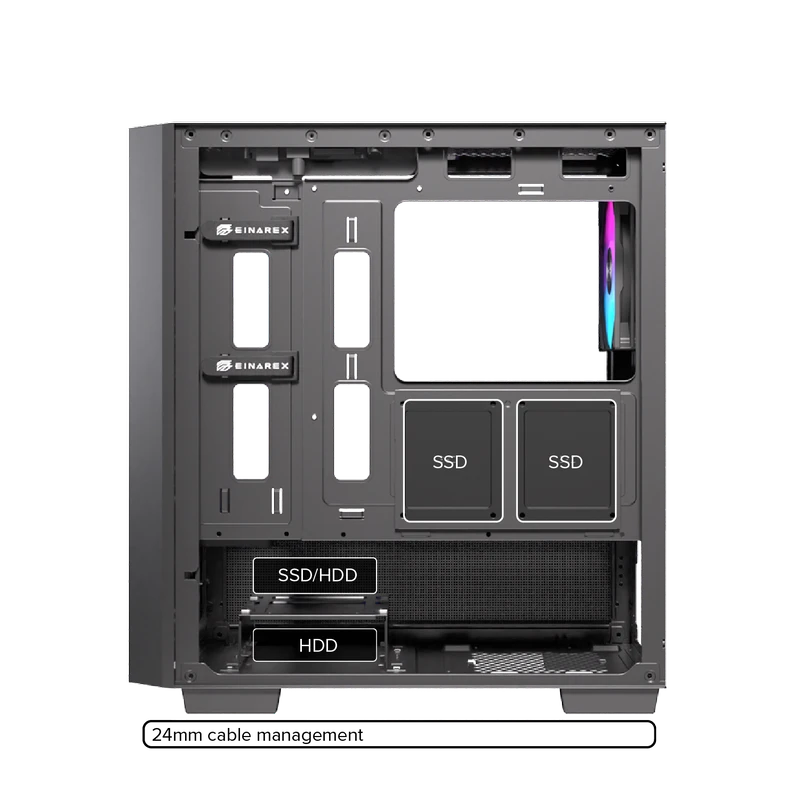 EINAREX PULSE PM150 RGB Black M-ATX Gaming Case - Mesh Front, Tempered Glass, 3× ARGB Fans 21 Khoang đi dây rộng rãi 24mm